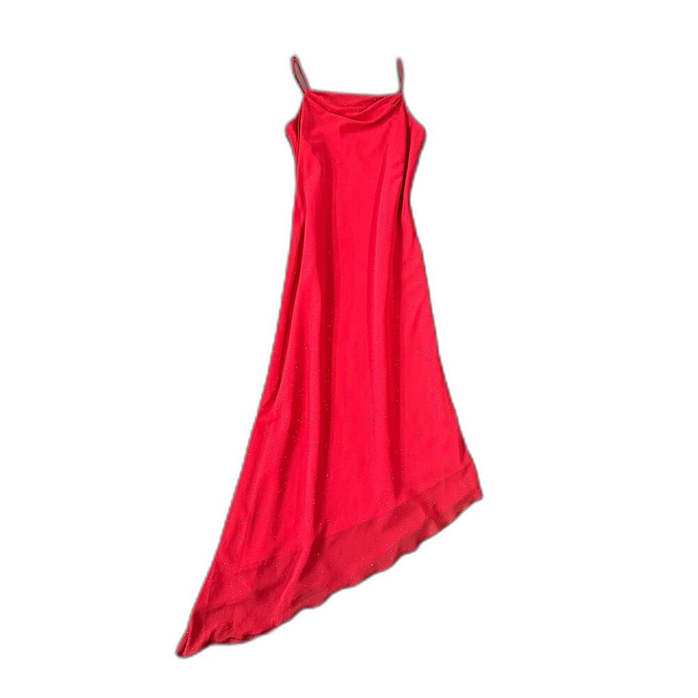 Vintage Tall Girl Red Glitter Maxi Dress Asymmetrical Hem Spag Strap Size 12Tall